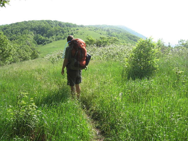 At the opening of the saddle. The shelter is on the opposite summit.