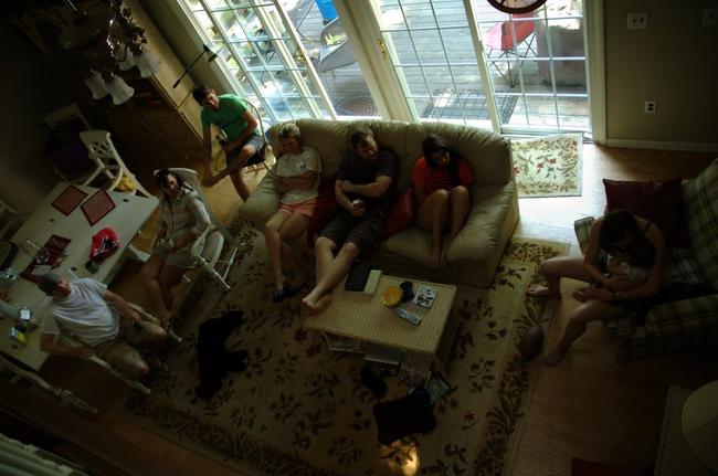 The crew hangs out in the lake house