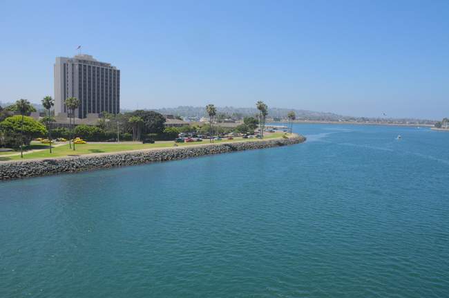 Walking over the bridge, looking back at our hotel